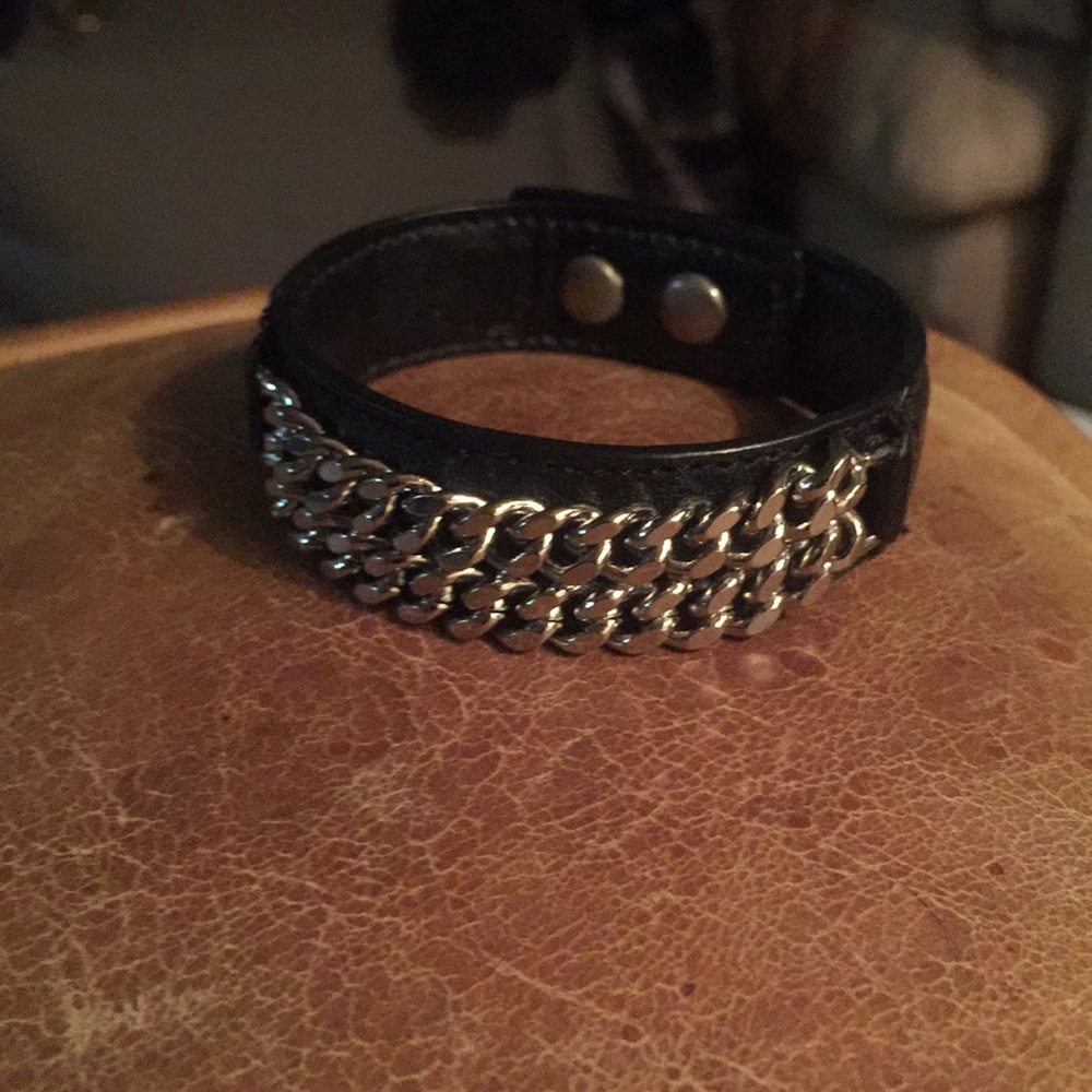 Saint Laurent black leather and silver bracelet